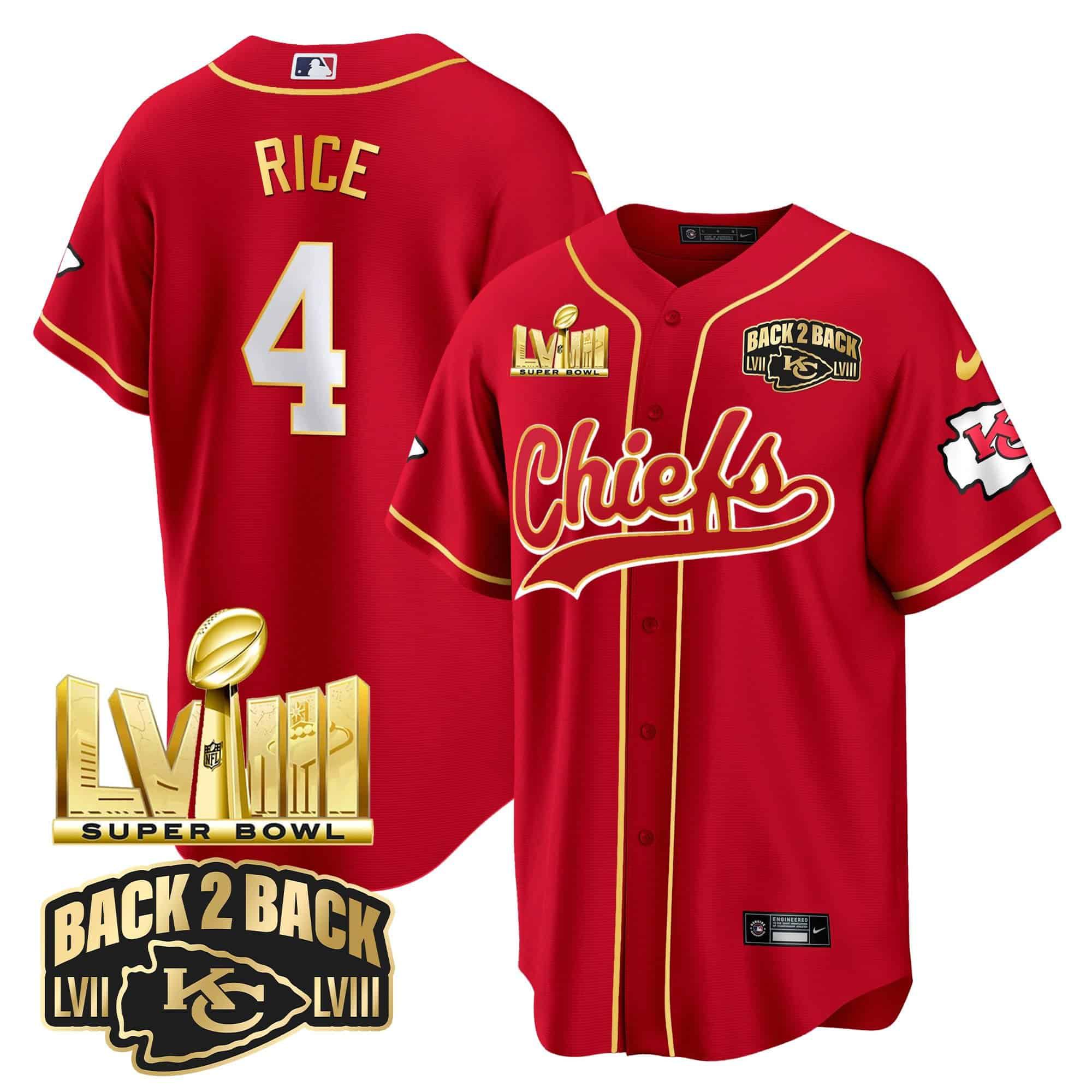 Men Kansas City Chiefs #4 Rice Red 2024 Nike Super Bowl LVIII Back-2-Back Gold Patch Baseball NFL Jersey